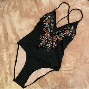 Embroidered/embellished lace-up one piece swimsuit